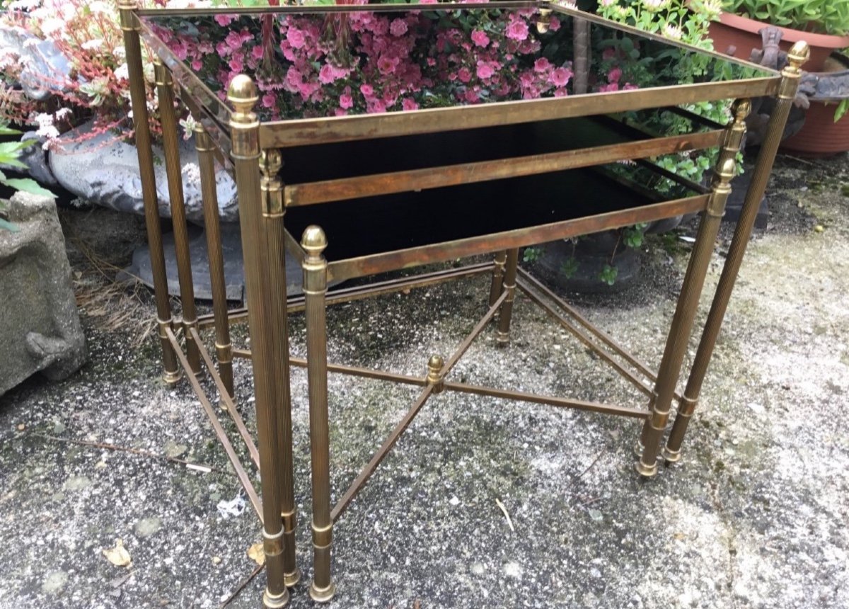 3 Nesting Tables Gilt Bronze Trays Black Opaline Spacer In X-photo-2