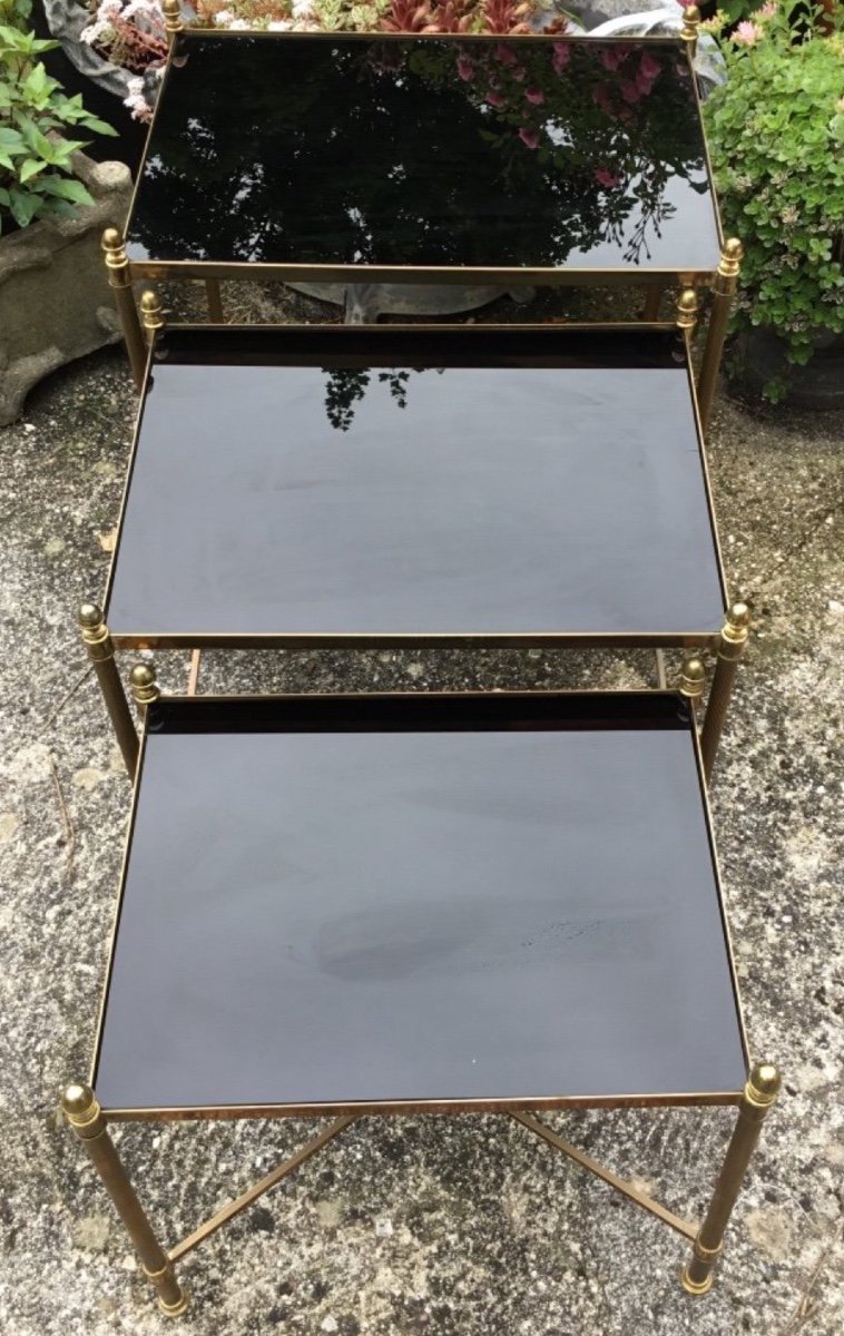 3 Tables Gigognes Bronze Doré Plateaux Opaline Noire Entretoise En X-photo-3