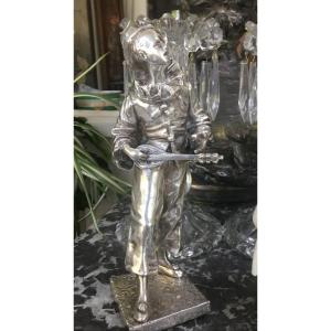 Bronze Argenté De Pierrot «au Clair De La Lune» 