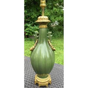 Celadon Montes Porcelain Vase In Dore Bronze China, XIXth Century