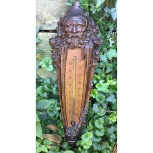 Large Art Nouveau Thermometer In Carved Wood