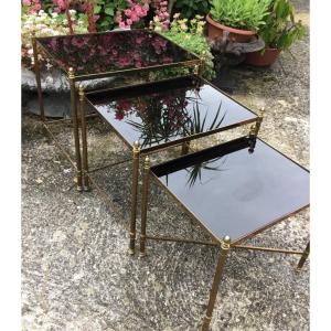 3 Tables Gigognes Bronze Doré Plateaux Opaline Noire Entretoise En X