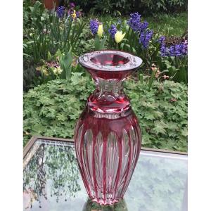 Small Transparent And Ruby Red Crystal Vase 