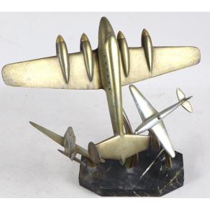 Three Airplanes In Flight, Marble Base 