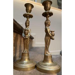 Egyptomania, The Pair Of Restoration Style Candlesticks 