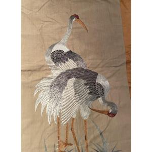 Large Asian Embroidery, Resting Cranes, On Silk