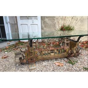 ESSIEU DE CHARRETTE SICILIENNE EN BOIS ET FER FORGÉ SCULPTÉ MONTE EN TABLE