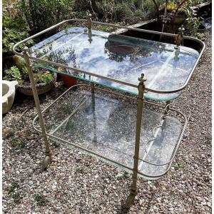 Table Servante , desserte en métal argenté et plateaux de verre
