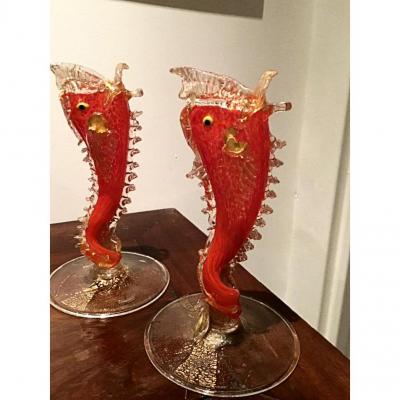 Pair Of Fish Vases. Murano XXth Century