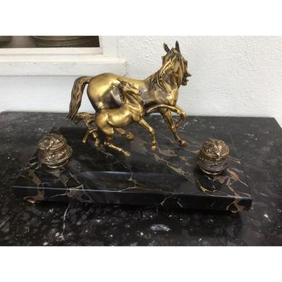 Inkwells Mare And Foal Gilt Bronze