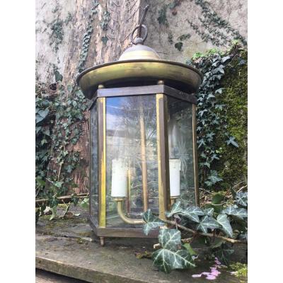 Brass And Engraved Glass Lantern With Two Lights