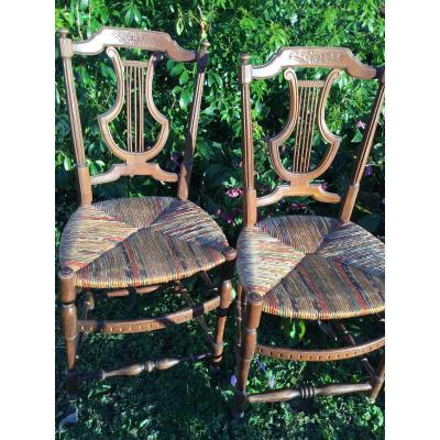 Pair Of Straw Chairs With Lyre Back, XIXth