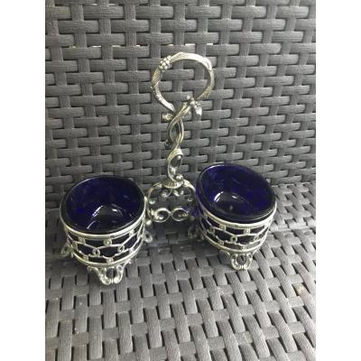 Double Saleron In Silver And Blue Glass.