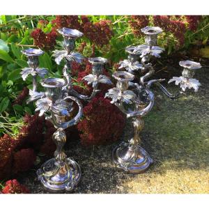 Pair Of Louis XV Rocaille Candlesticks, Silver Bronze, Nineteenth (50 Cm)