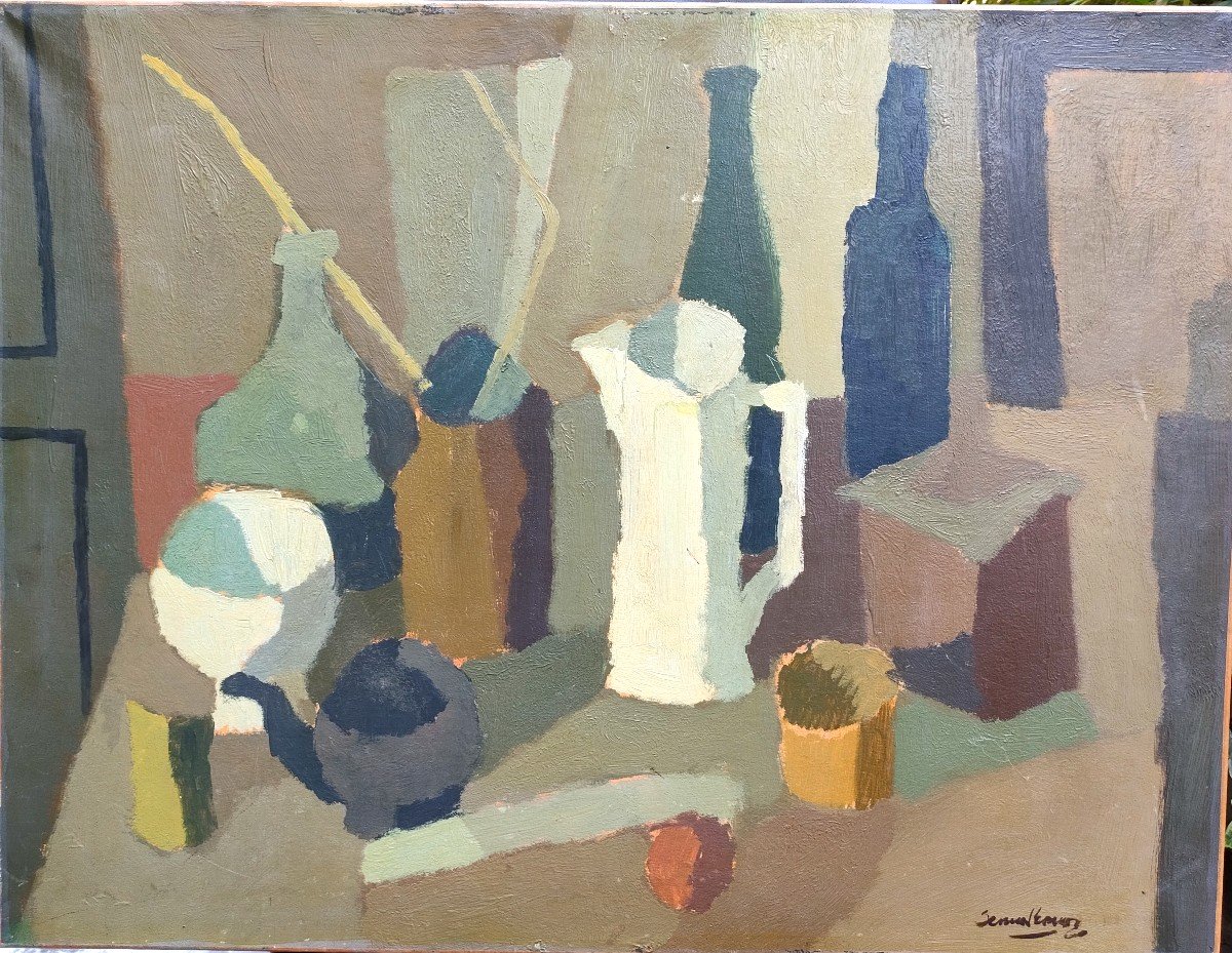 José Serna Ramos (1927-2011), Still Life With Bottles, Oil On Canvas Signed-photo-2