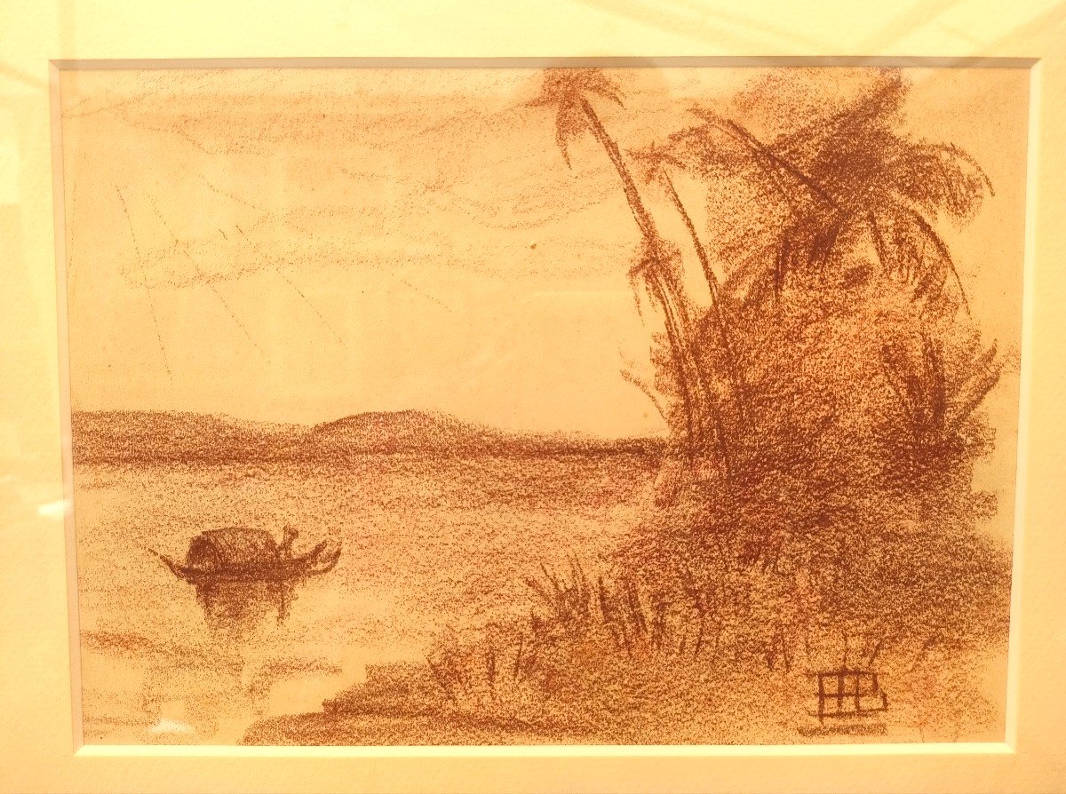 Marcel Bernanose (1884-1952), Sampan Sur Le Mekong, Sanguine Drawing Signed Lower Right, 1910-photo-3