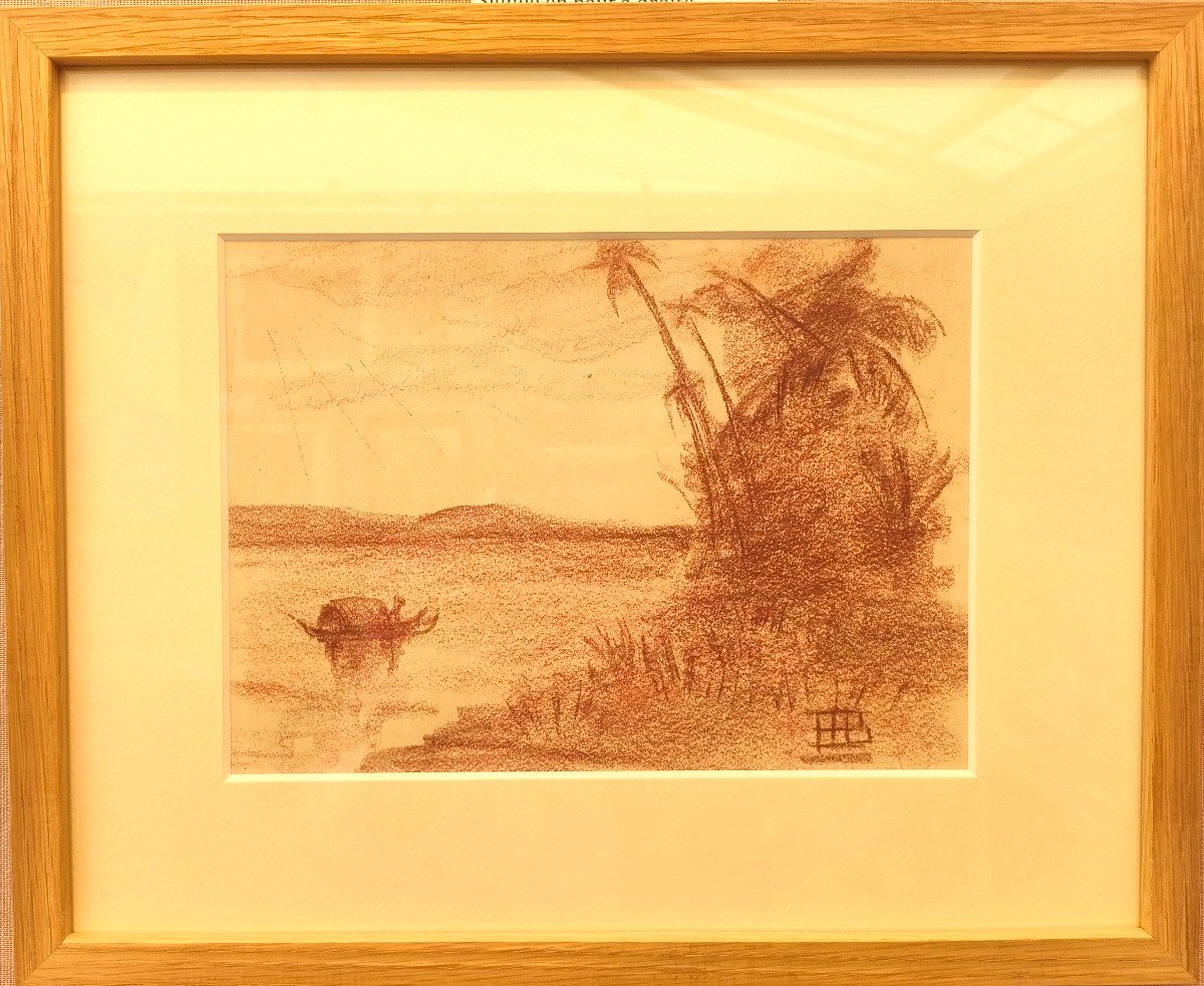 Marcel Bernanose (1884-1952), Sampan Sur Le Mekong, Sanguine Drawing Signed Lower Right, 1910