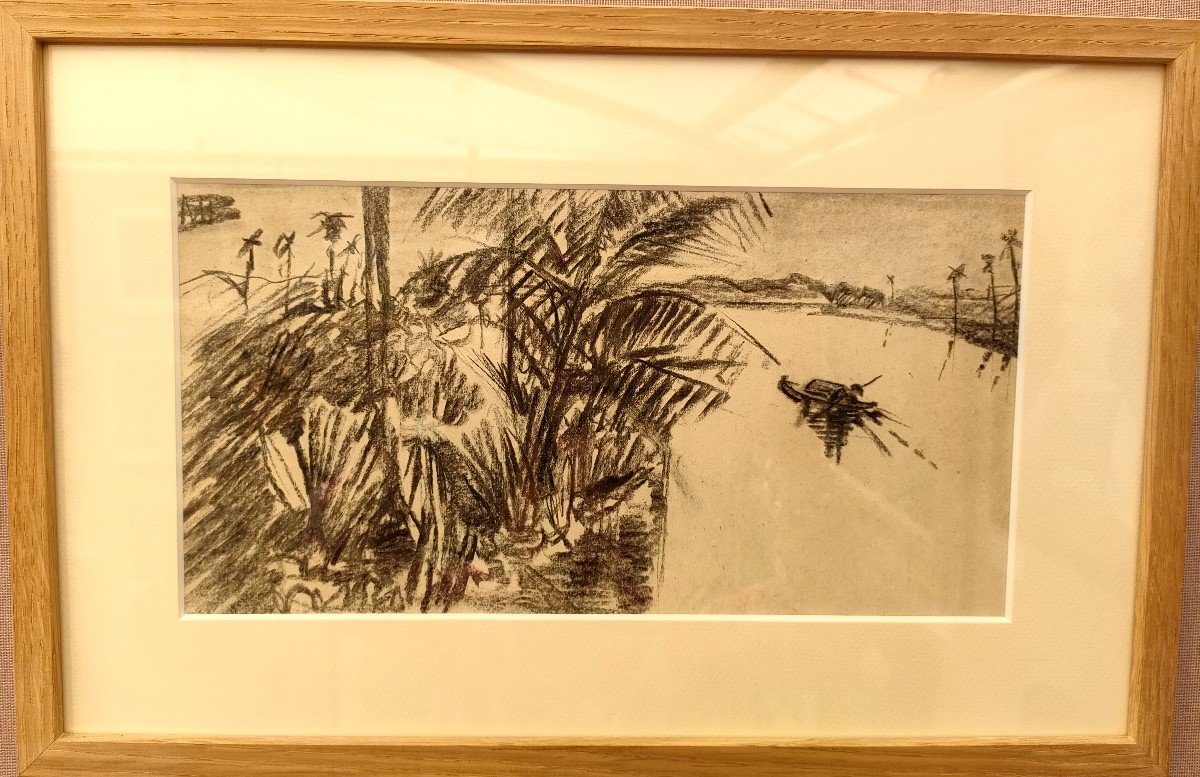 Marcel Bernanose (1884-1952), Un sampan sur la rivière , Dessin au fusain, Signé , Vers 1910,-photo-3