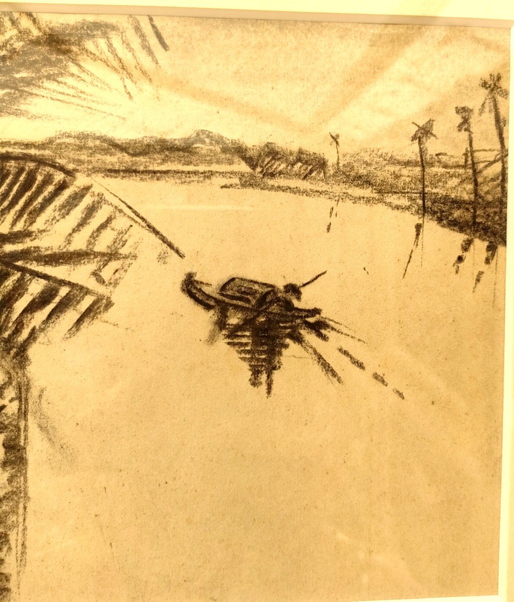 Marcel Bernanose (1884-1952), Un sampan sur la rivière , Dessin au fusain, Signé , Vers 1910,-photo-2