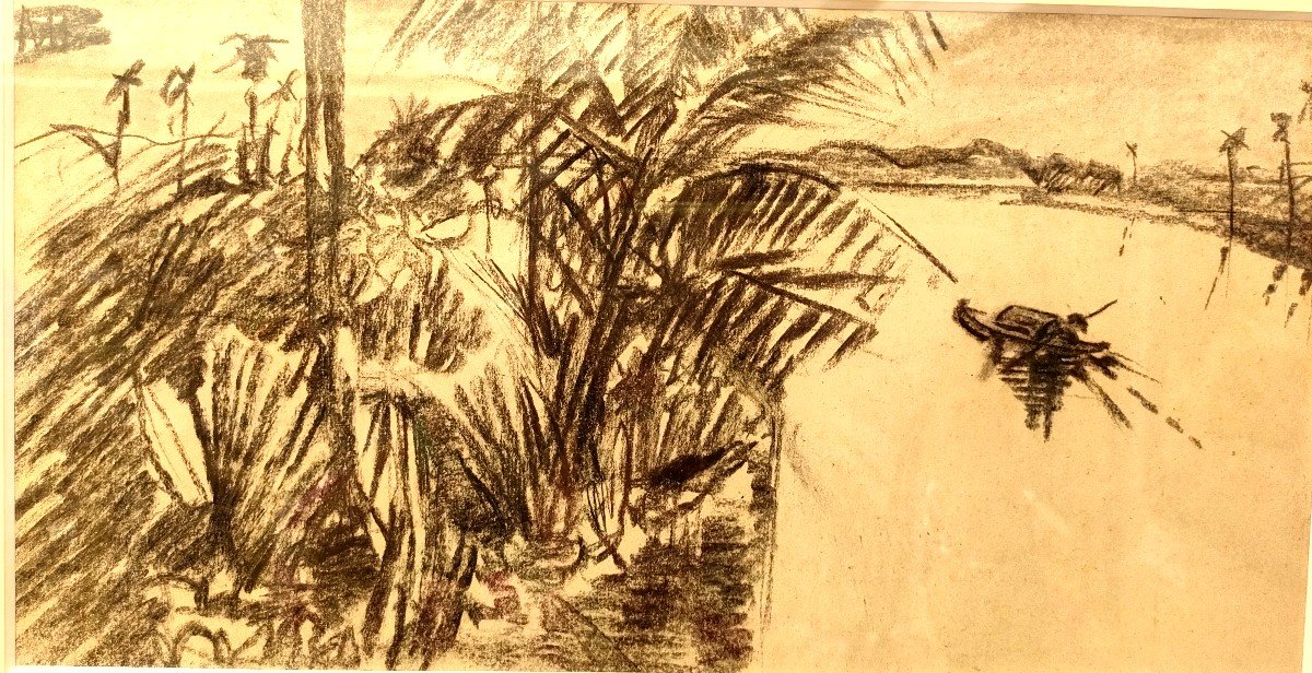 Marcel Bernanose (1884-1952), Un sampan sur la rivière , Dessin au fusain, Signé , Vers 1910,