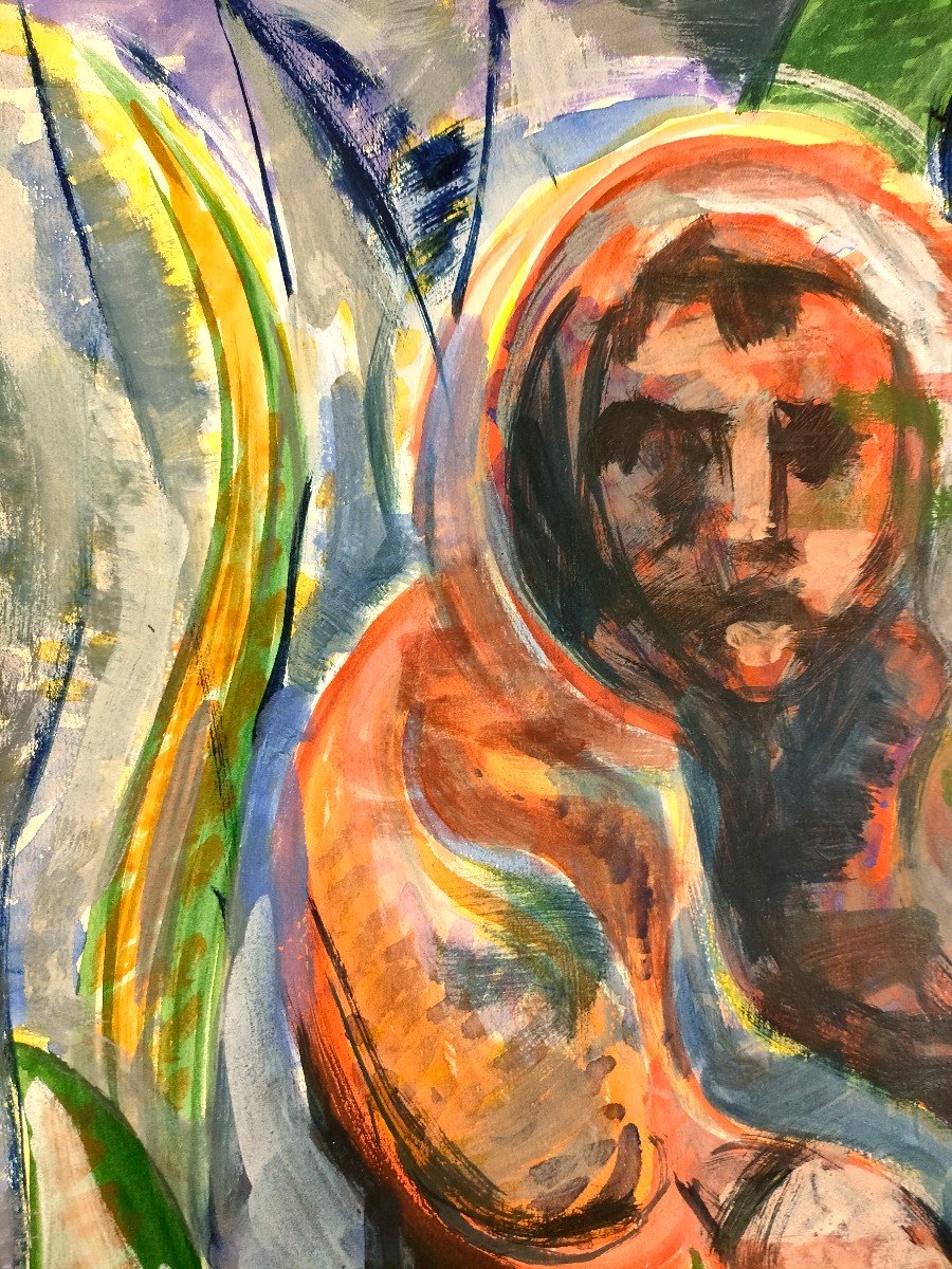 Raphael Arnal (1906-1963), Enfants Aux Plantes, Gouache Sur Papier, Signée, Encadrée Sous Verre-photo-1