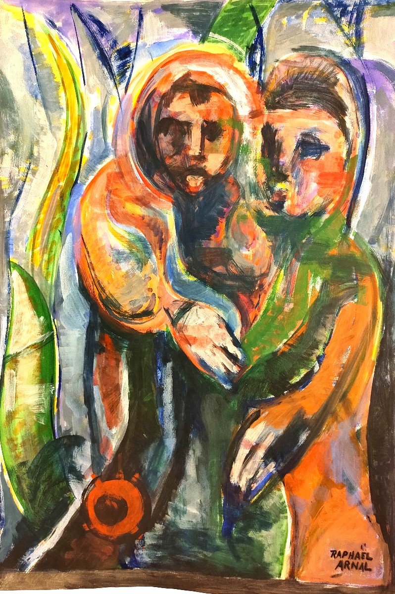 Raphael Arnal (1906-1963), Enfants Aux Plantes, Gouache Sur Papier, Signée, Encadrée Sous Verre-photo-2