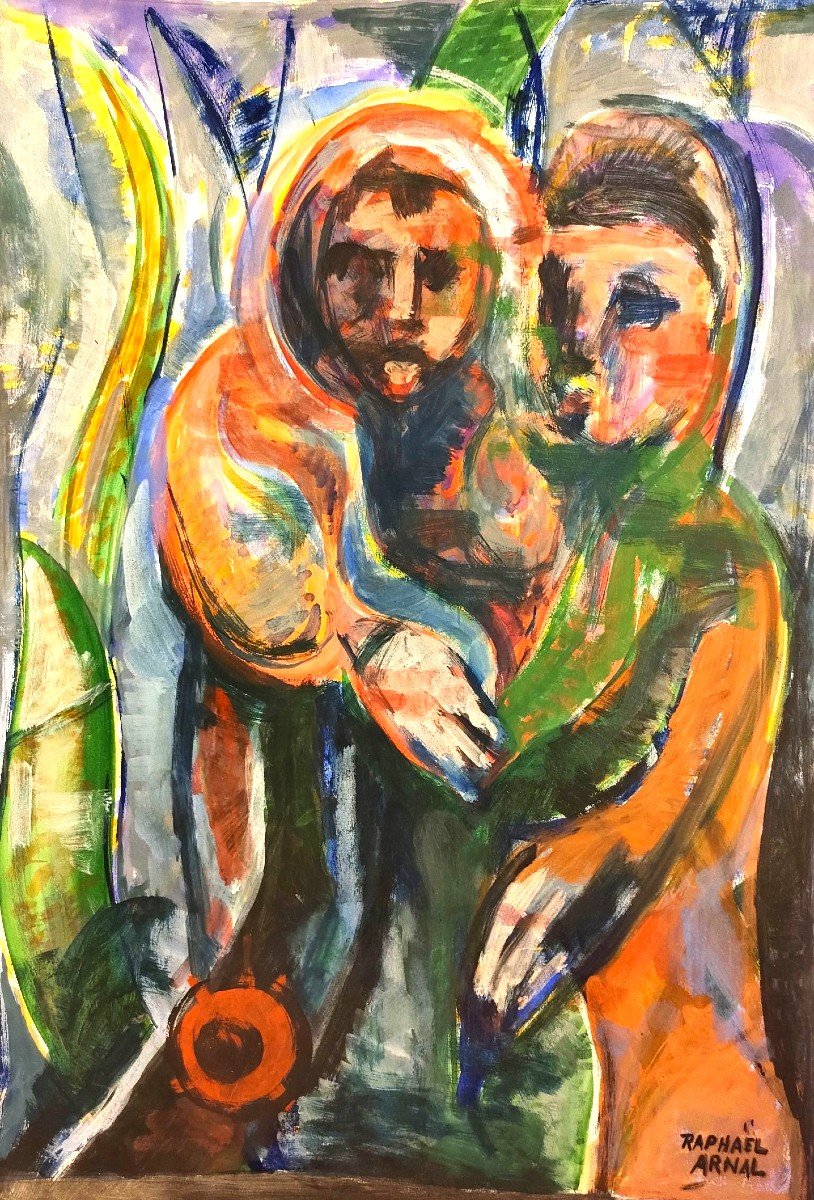Raphael Arnal (1906-1963), Enfants Aux Plantes, Gouache Sur Papier, Signée, Encadrée Sous Verre
