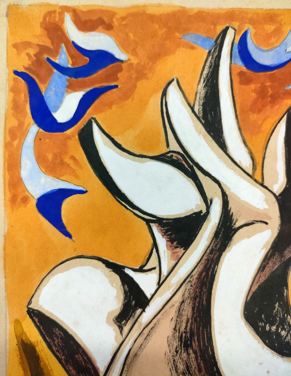 Bud Wehrheim (1910-2001), Surrealist Composition, Gouache On Paper, Signed, 1960-photo-3