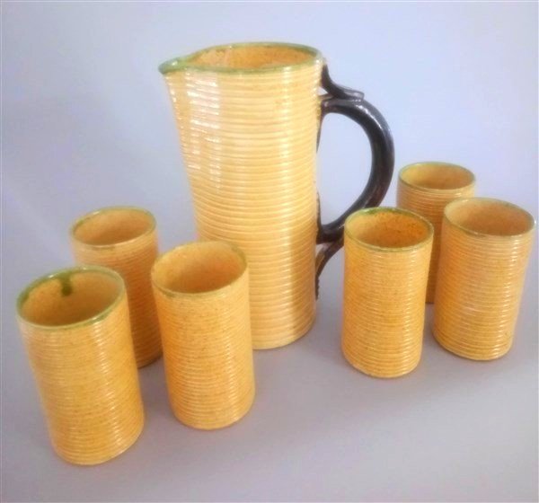 Maison Cerenne Vallauris, Orangeade Service, 6 Glasses And A Pitcher, Signed, 60s/70s