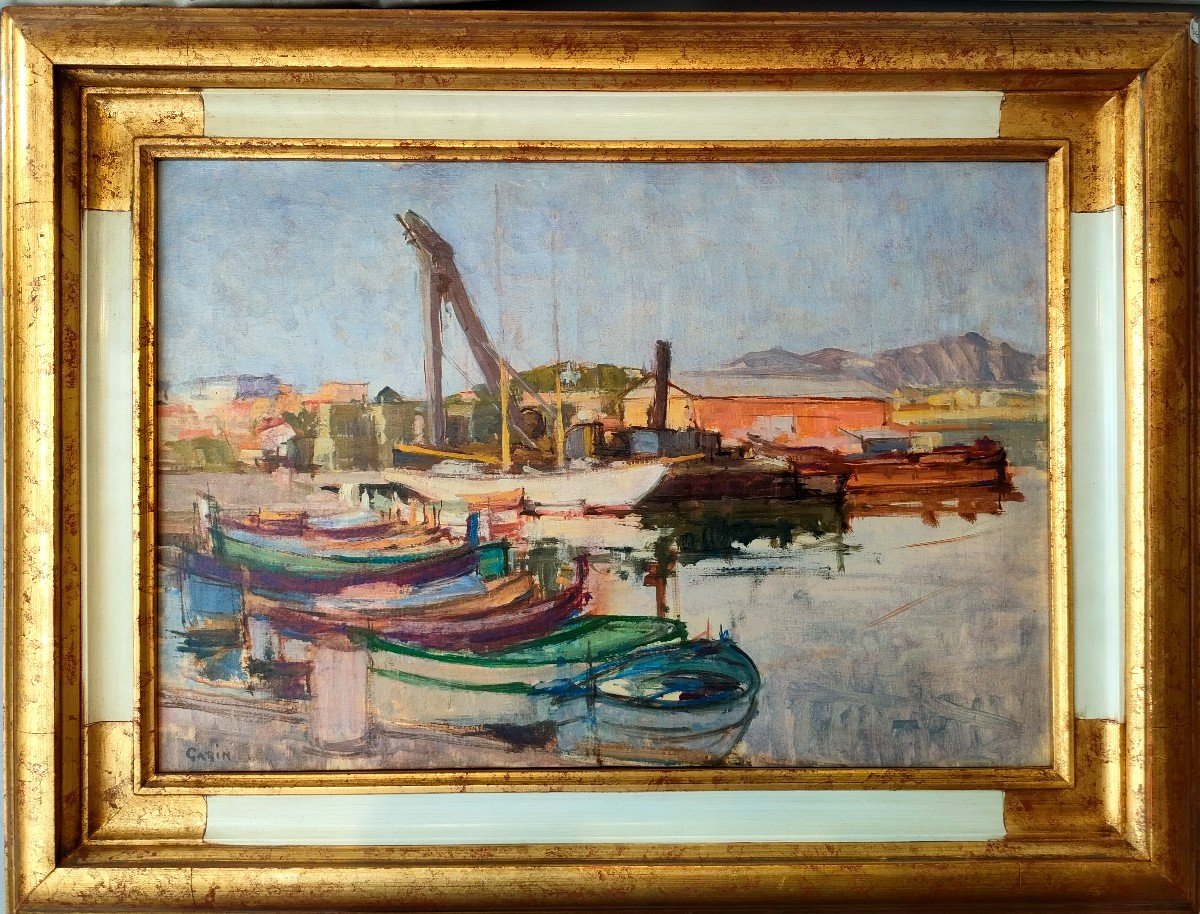 Paul Garin (20th), Boats In Port In The Mediterranean, Oil On Canvas Framed-photo-2