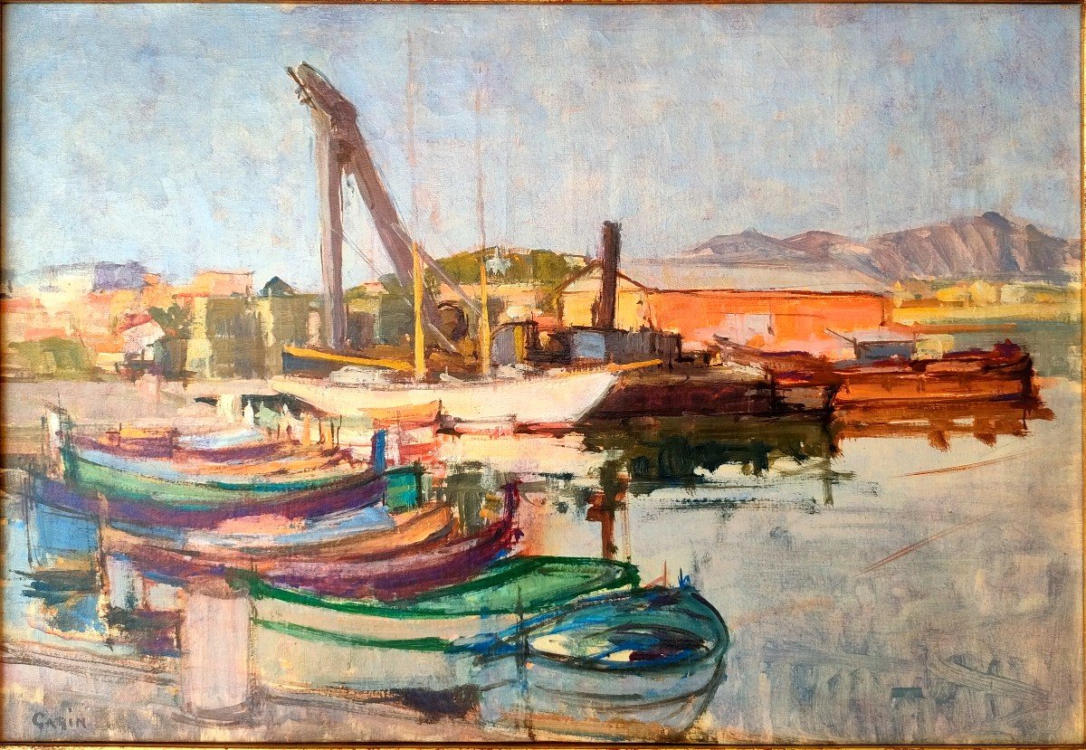 Paul Garin (20th), Boats In Port In The Mediterranean, Oil On Canvas Framed