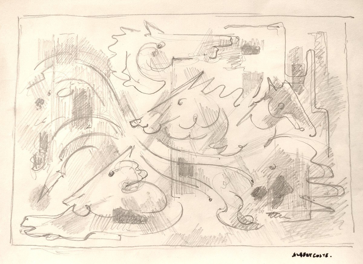 A. Coste (1896-1985), Composition With Horses, Pencil Drawing, Signed On The Right, Framed-photo-1