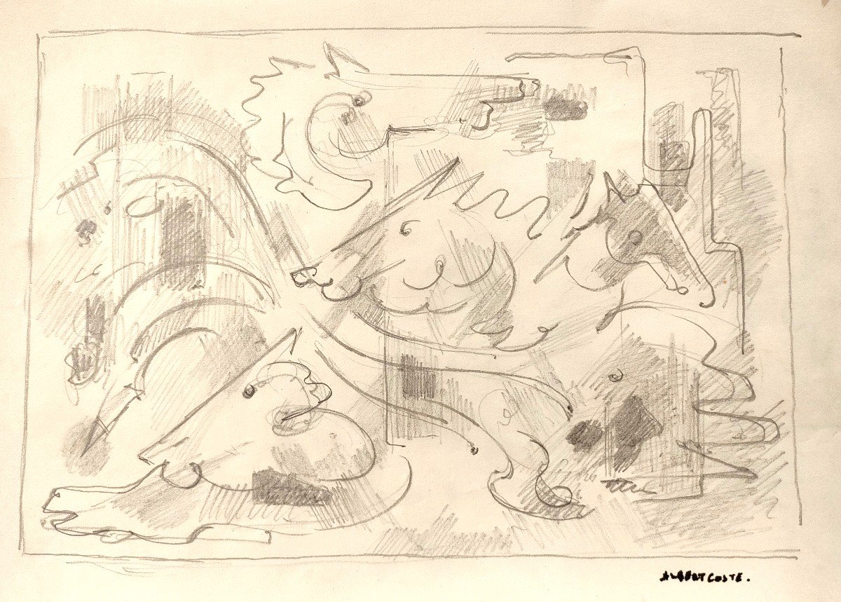 A. Coste (1896-1985), Composition With Horses, Pencil Drawing, Signed On The Right, Framed