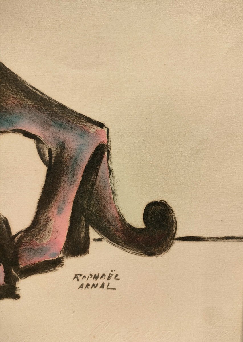 R. Arnal (1906-1963), The Elephant, Gouache And Pastel On Paper, Framed Under Glass, Around 1950-photo-2