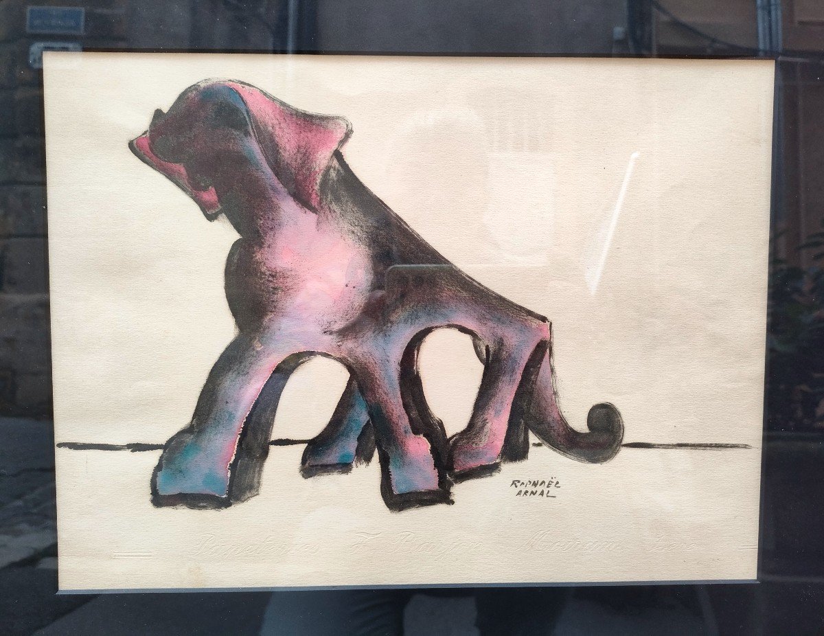 R. Arnal (1906-1963), The Elephant, Gouache And Pastel On Paper, Framed Under Glass, Around 1950-photo-4
