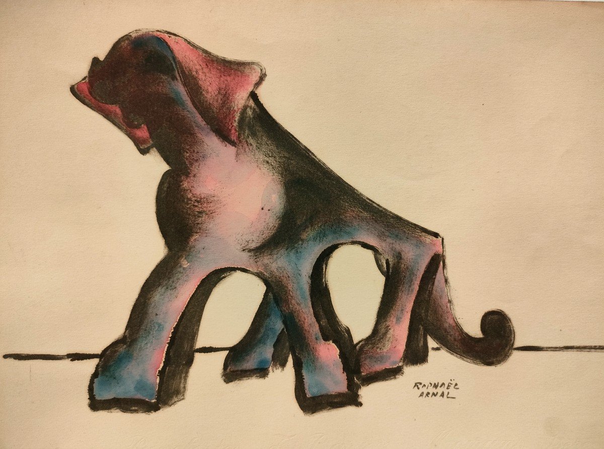 R. Arnal ( 1906-1963), l'éléphant, Gouache Et Pastel Sur Papier, Encadrée Sous Verre, Vers 1950