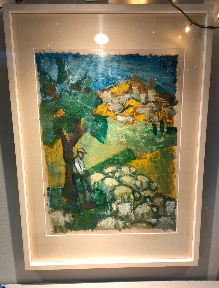 D. Leca (20th Century), The Shepherd And His Flock, Oil On Paper, Signed, Dated 68-photo-1