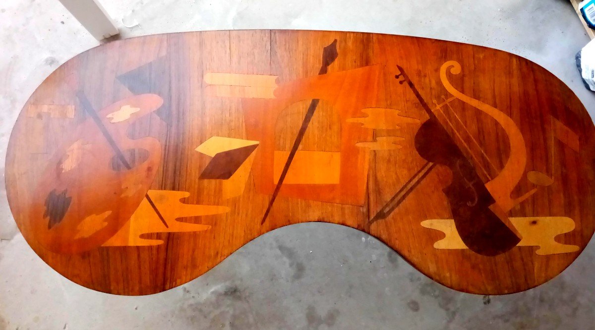 Giuseppe Scapinelli (1881-1982), Coffe Table In Inlaid Wood, Allegory To The Arts, 1950s