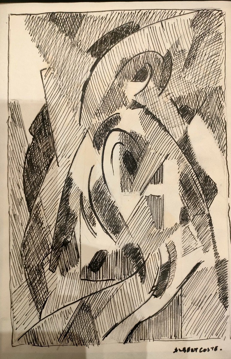 Albert Coste (1895-1985),  Abstraction,  Encre Sur Papier, Signée à Droite, Année 56