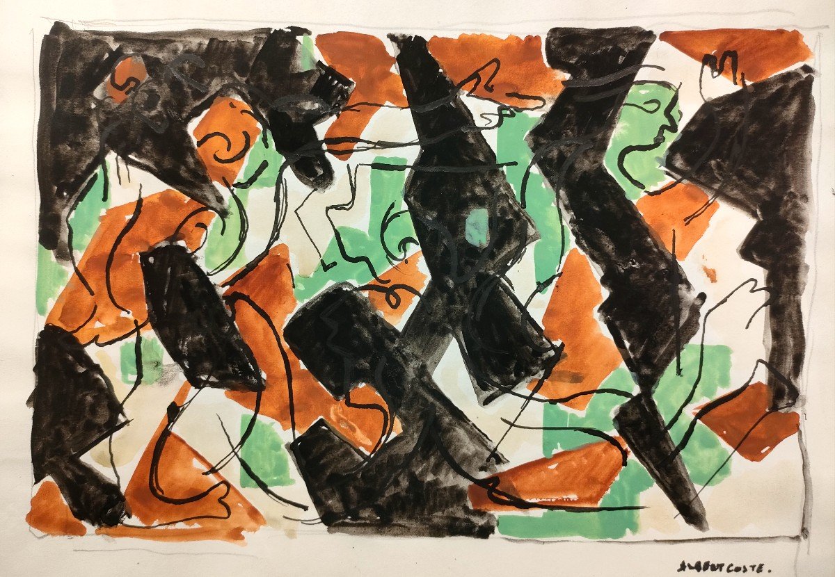 Albert Coste (1895-1985),  Abstraction ,  Gouache Signée à Droite, 56, Encadrée.