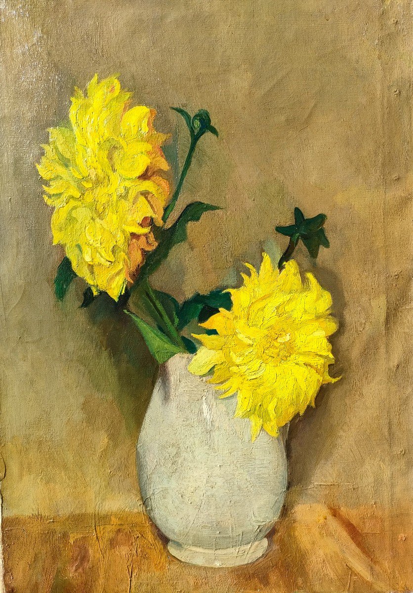 A. Lop Montel (1898-1971), Le Bouquet De Dahlias, Huile Sur Toile, Encadrée