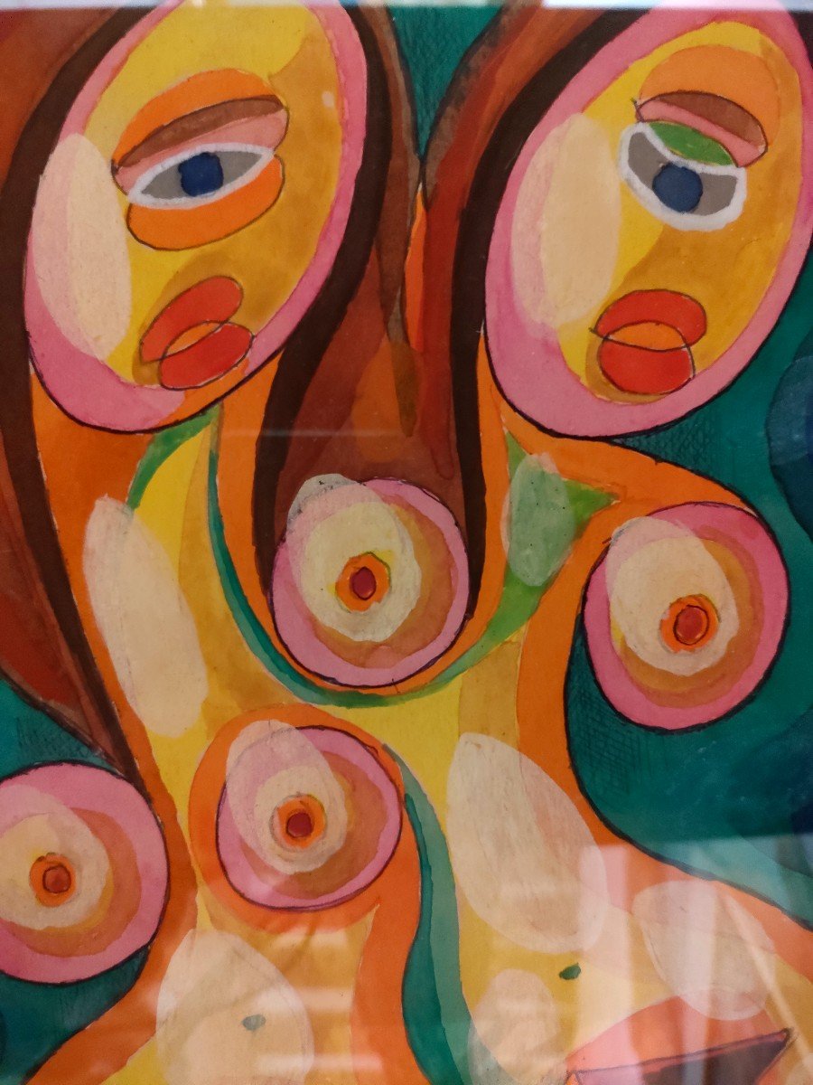 R. Trameau (1897-1985), Nu Double,  Gouaches Et Encre Sur Papier, Signée à Gauche, Encadrée-photo-3