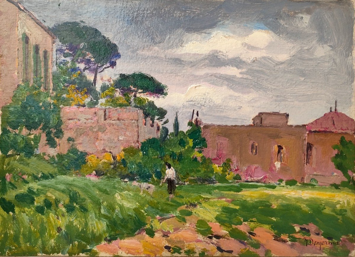 J. Denjerma (xxème), Le Jardin De la villa St Anne, Huile Sur Carton Signée, Années 40