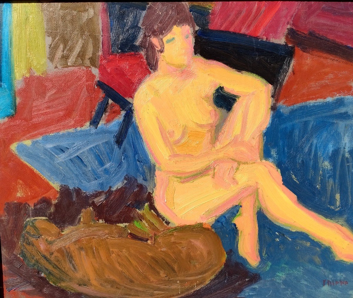 F. Diana (1903-1993), Nu Assis , Huile Sur Panneau, Signée, Encafrée