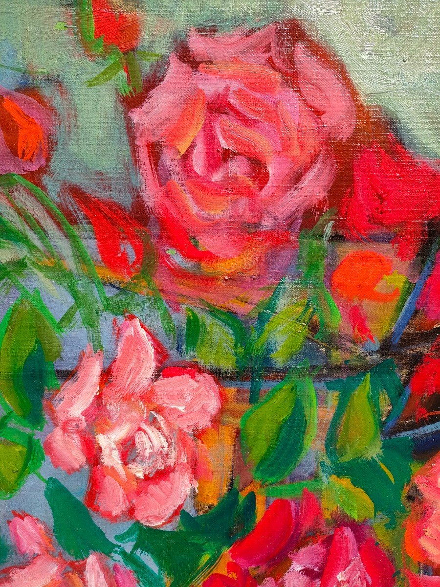 Marg Bermond (1911-1991), Bouquet De Roses, Huile Sur Toile Signée, Encadrée-photo-3