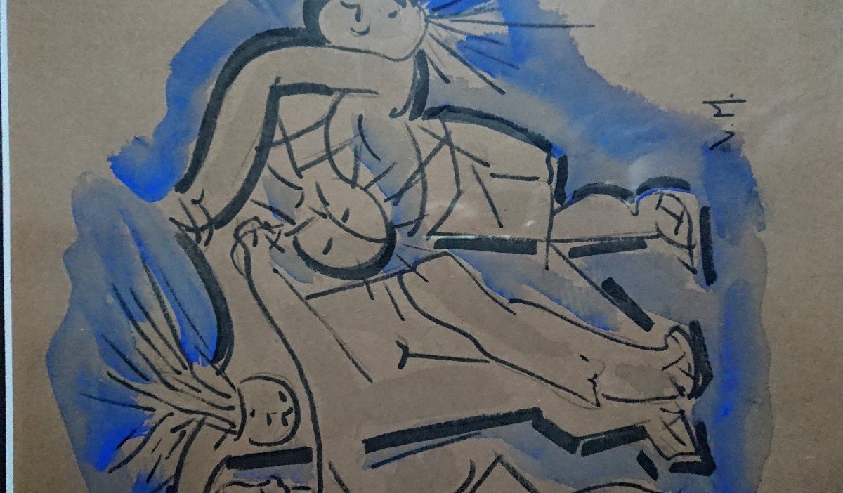 Milo Vojic (1923-2004), The Dance, Ink And Watercolor On Paper, Signed Mv, Framed-photo-2