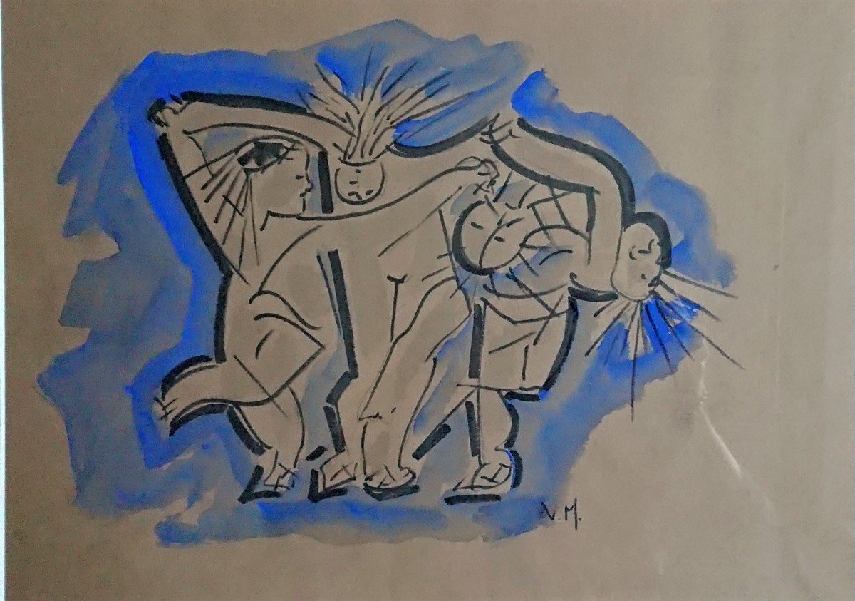 Milo Vojic (1923-2004), The Dance, Ink And Watercolor On Paper, Signed Mv, Framed