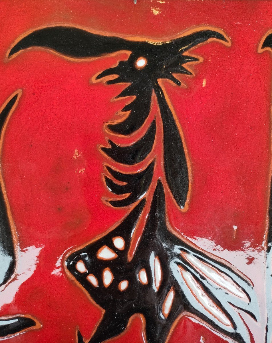 J. Lurçat (1892-1966), Red Ceramic Tile With Rooster Decor, Sant Vicens-photo-3