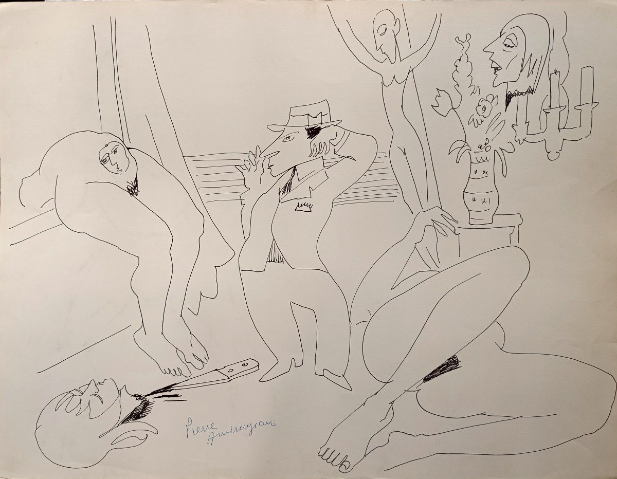 Pierre Ambrogiani (1907-1985), Dessin Satirique , Feutre Sur Papier, signé à gauche.