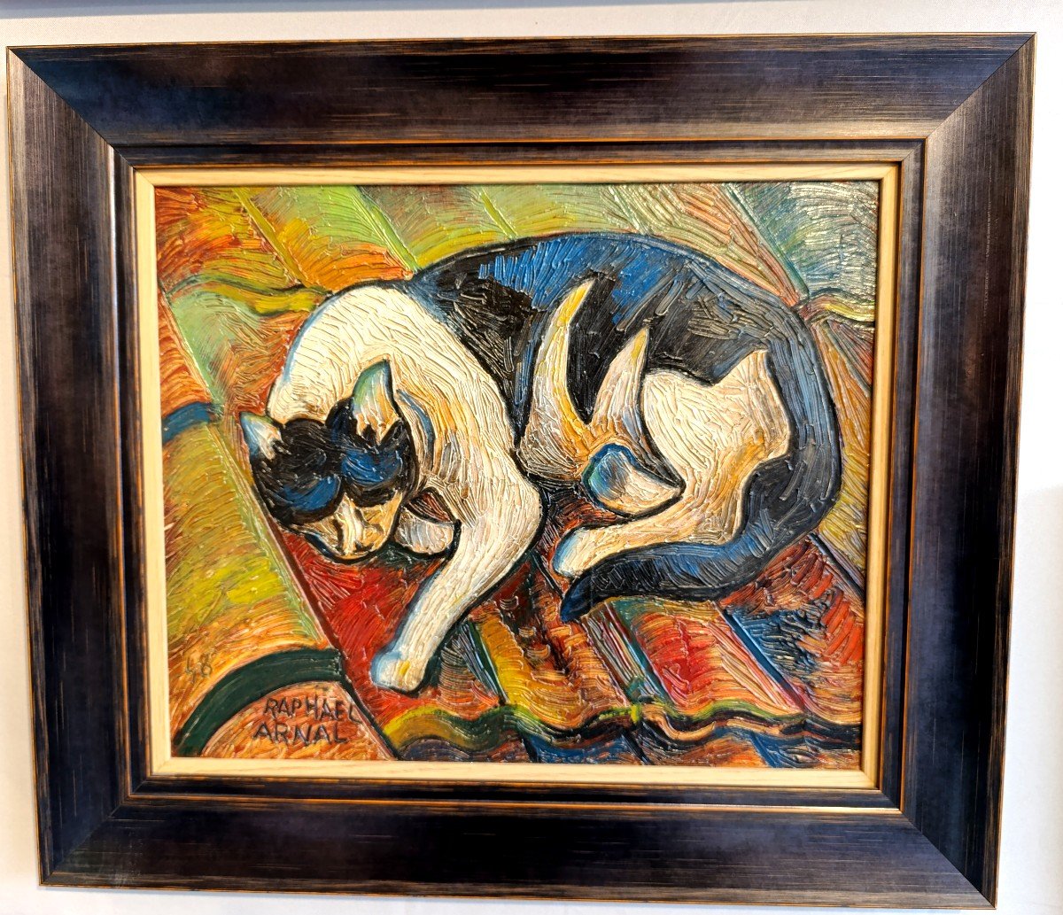 Raphael Arnal (1906-1963), The Cat On The Roof, Oil On Cardboard Signed, Framed-photo-1